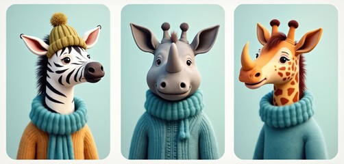 Cartoon zebra giraffe rhino wear knit sweaters hats scarves. Cute animals posed together. Fun friendly characters for kids. Playful safari theme for children.