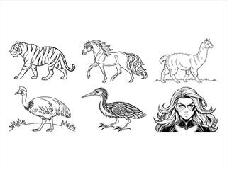 coloring page line art the bird and animal black vector bundle