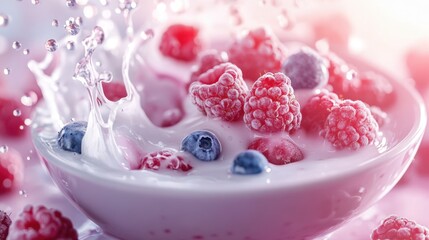A refreshing bowl of mixed berries in creamy yogurt, featuring raspberries, blueberries, and strawberries with a splash of milk for a healthy treat