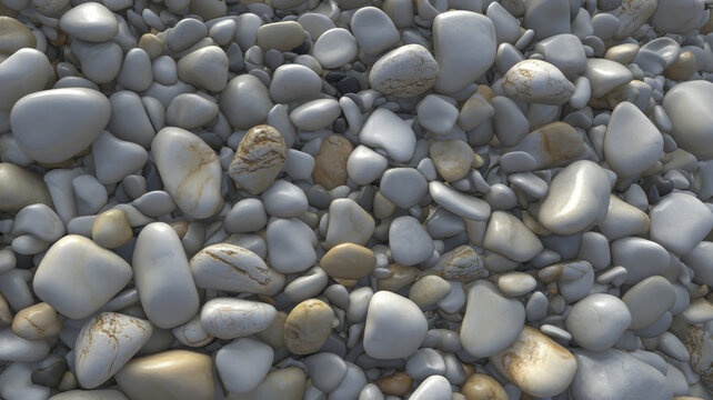 Close up photograph of smooth white and tan river pebbles filling the frame stones rocks