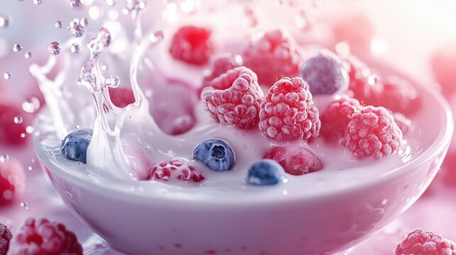 A refreshing bowl of mixed berries in creamy yogurt, featuring raspberries, blueberries, and strawberries with a splash of milk for a healthy treat