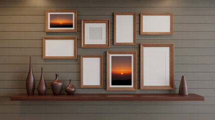 Collection of eight wooden framed pictures and vases displayed on a dark wood shelf against a horizontal wood paneled wall
