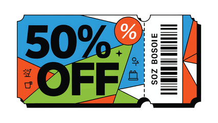 Bold Geometric 50% Off Discount Coupon and Voucher Vector Template with Abstract Modern Art and Barcode