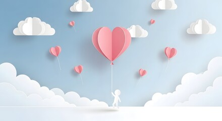 Whimsical paper heart hot air balloons floating in a dreamy blue sky with clouds