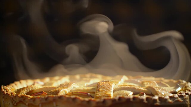 Delicious freshly baked apple pie with steam, crust and lattice top on dark background