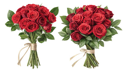 Red Rose Bouquets with Green Leaves on Transparent Background