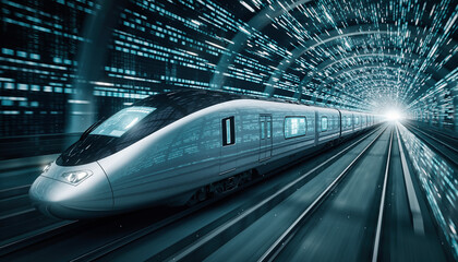 Velocity in Motion: A high-speed train streaks through a futuristic tunnel, its sleek design and advanced technology symbolizing speed, innovation, and the future of transport.