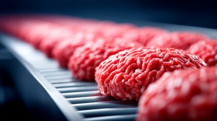 Rows of freshly shaped ground meat sit on a conveyor belt in the butcher shop, showcasing the skill and care that goes into meat preparation. The vibrant red color is captivating