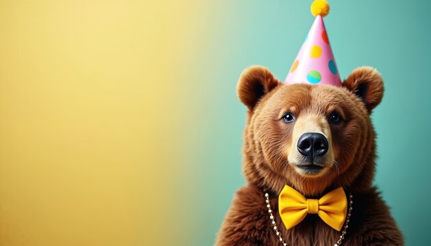 Cute brown bear wears party cone hat, yellow bowtie for birthday. Funny animal character dressed for celebration poses on colorful background. Whimsical concept for greeting card invitation with
