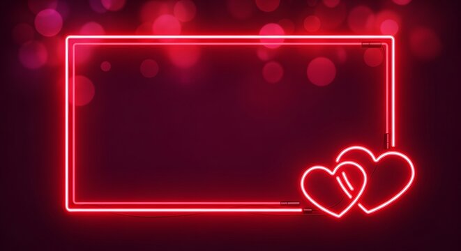 Romantic neon rectangle frame with intertwined hearts and bokeh lights - Powered by Adobe