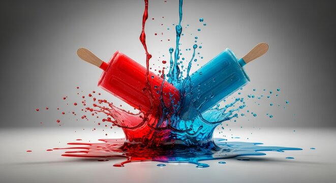 A vibrant collision between red and blue popsicles, creating a dynamic and refreshing liquid splash against a clean background