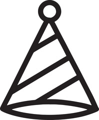 Simple black and white outline icon of a conical party hat with diagonal stripes