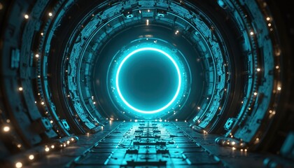 Illustration of futuristic tunnel leading to bright portal. Sci-fi interior with glowing lights creates sense of space travel. Digital artwork represents time dimension adventure