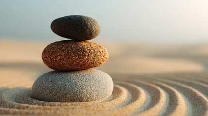 Three smooth pebbles balanced on one another create a calm focal point in a sandy landscape. Soft curves in the sand enhance the tranquility of the setting at early morning.