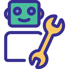 Stylized illustration of a friendly robot with a teal head and blue eyes holding a yellow wrench against a transparent background representing automation and technical support services