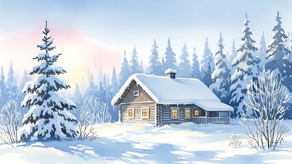 A gentle watercolor painting of a snow-covered wooden cabin surrounded by winter trees and soft blue tones