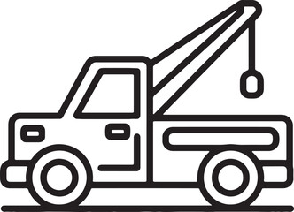 Simple black and white line art icon of a tow truck with a crane