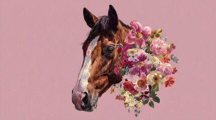 Elegant Horse Head Adorned with Vibrant Floral Arrangement on Pink Background.