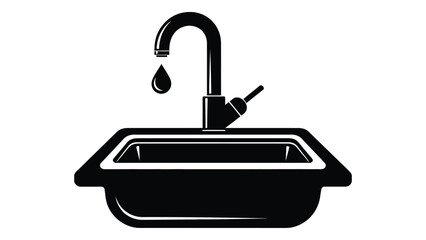 Dripping faucet and sink silhouette isolated on white background, Vector