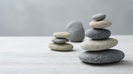 Smooth stones are carefully stacked in a balanced arrangement on a wooden surface creating a peaceful atmosphere. The setting is simple and calming promoting tranquility.
