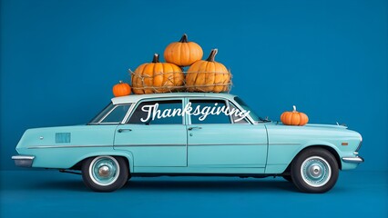 d. The word "Thanksgiving" is elegantly displayed in white script on the car's rear window. The vehicle is set against a solid,