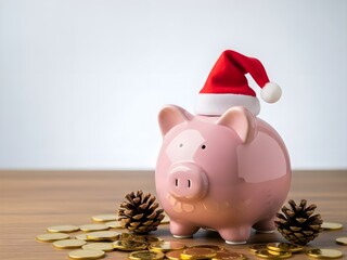 Festive savings Piggy bank with Santa hat and gold coins.