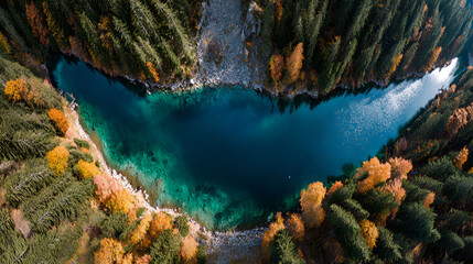 Aerial view of a heart shaped lake surrounded by autumn forest