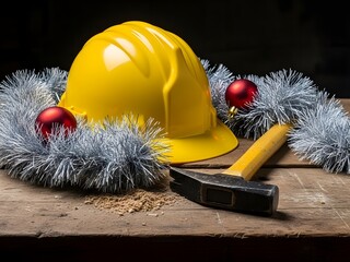Construction holiday Yellow hard hat, hammer, and Christmas decorations.