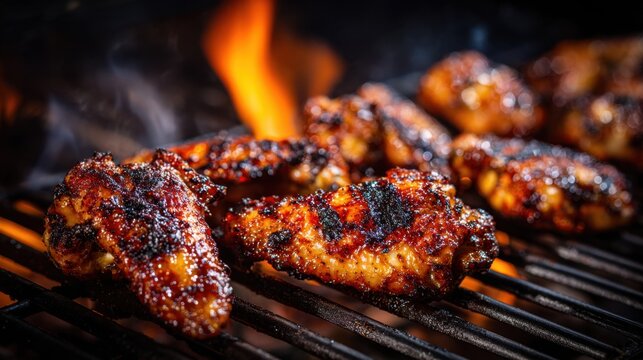Juicy chicken wings are being grilled over an open flame creating a smoky aroma. Friends gather around enjoying a sunny day at a backyard barbecue savoring the delicious food. - Powered by Adobe