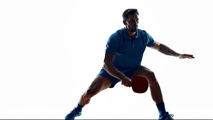 Dynamic silhouette of a male table tennis player in action, ready to strike the ball during a game. - Powered by Adobe