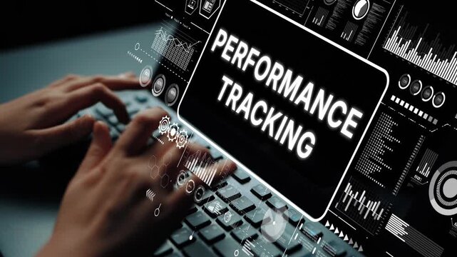 Hands Typing on Keyboard with Performance Tracking Graphics and Data Visualization Overlays in a Modern Workspace. Asymptotic smart data analytic.