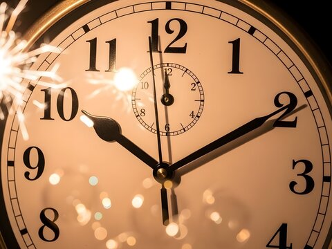 Closeup of clock and sparkler symbolizing New Years Eve countdown.