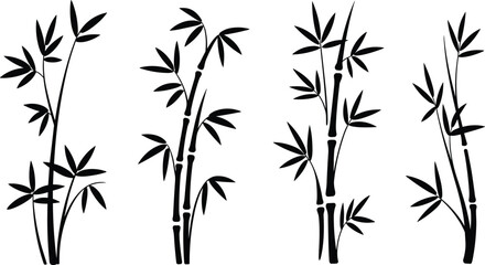 Bamboo plant silhouette collection with elegant leaves and stems in minimal black style for nature decoration and design, cad drawing flat vector illustration