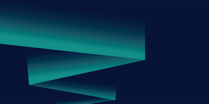 An abstract graphic of a folded teal and blue gradient ribbon twisting against a dark navy background.
