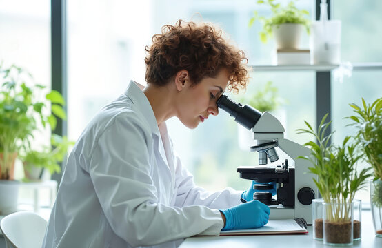 Scientist examines plant cells under microscope in lab. Botanist researches leaf growth in modern agriculture study. Woman takes notes, analyzes data for plant science experiment.