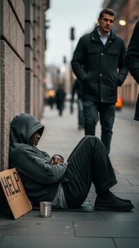 Vagrant in torn hoodie sitting on sidewalk with cardboard sign reading &ldquo;HELP&rdquo; as pedestrians walk by, vertical footage