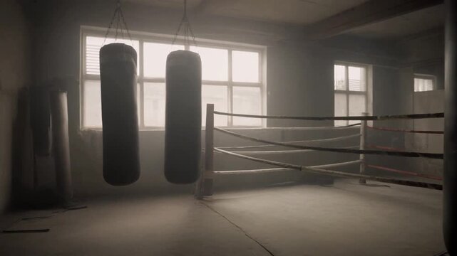 An empty vintage boxing gym with a classic ring and punching bags, illuminated by soft atmospheric light from the windows