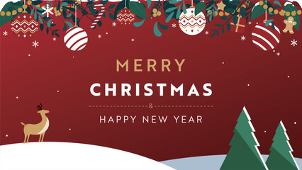 クリスマスオーナメントとトナカイで飾られたクリスマスの背景テンプレート（赤）　Christmas background template decorated with Christmas ornaments and reindeer (red)