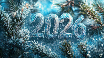 Icy 2026 new year greeting card with frost covered pine branches design element
