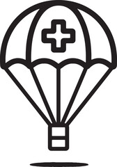 Black and white line icon of a medical supply parachute dropping aid