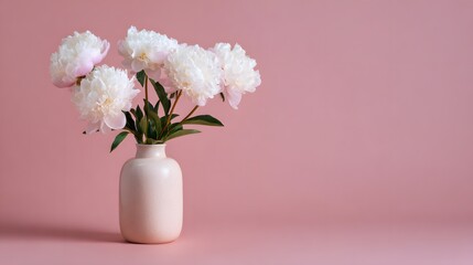 Fototapeta premium Elegant White Peonies in a Pink Vase on a Soft Pink Background.