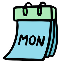 Hand drawn illustration of MON calendar for bedroom, living room, date, human, people, office worker, table, decoration, activity, healthy lifestyle, hobbies, leisure, back to school, Monday's blues