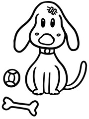 Cute hand drawn outline of puppy with ball and bone for decoration, dog cartoon, characters, comic, pet shop, vet, adopt animal, foster home, shelter, house, home, park, yard, playtime, colouring book