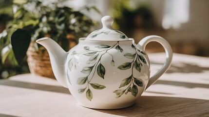 Elegant White Teapot with Green Leaf Design on Wooden Table.
