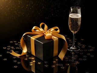 Luxury gift box with gold ribbon and champagne on black background