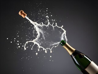 Champagne bottle explosion with splashing liquid on dark background