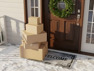 Stacked Delivery Boxes on Snowy Porch with Christmas Wreath