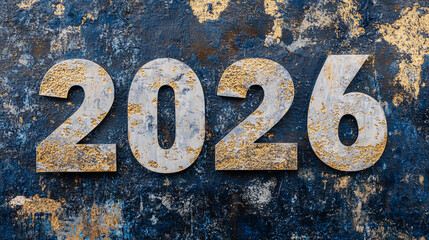 Artistic 2026 year lettering with gold texture against dark backdrop for new year