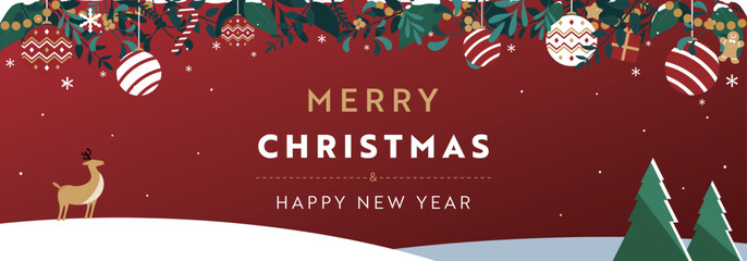 クリスマスオーナメントとトナカイで飾られたクリスマスのバナー背景テンプレート（赤）　Christmas banner background template decorated with Christmas ornaments and reindeer (red)