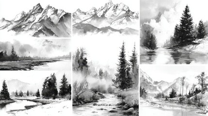 This artwork showcases a collection of black and white watercolor landscapes. Majestic mountains rise in the background while tranquil rivers flow through lush forests under a misty atmosphere.